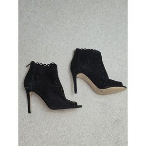 Marc Fisher Black Suede Laser Cut Peep Toe Studded Stiletto Booties Womens 9M